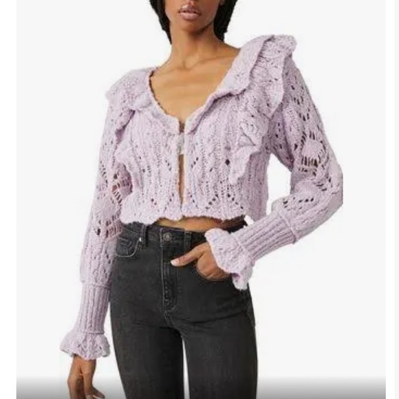Free People Sweaters - FREE PEOPLE AVERY CROPPED CROCHET CARDIGAN LARGE ORCHID MIST